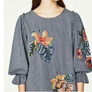 Zara striped balloon sleeve top with embroidery details